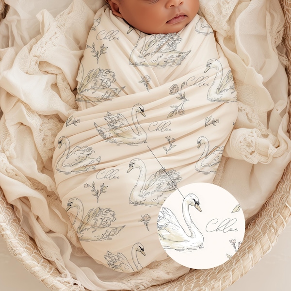Personalized Swan Baby Swaddle Set Name Newborn Girl Hospital Outfit Custom Blanket Beanie Keepsake Shower Gift Heirloom Nursery Decor
