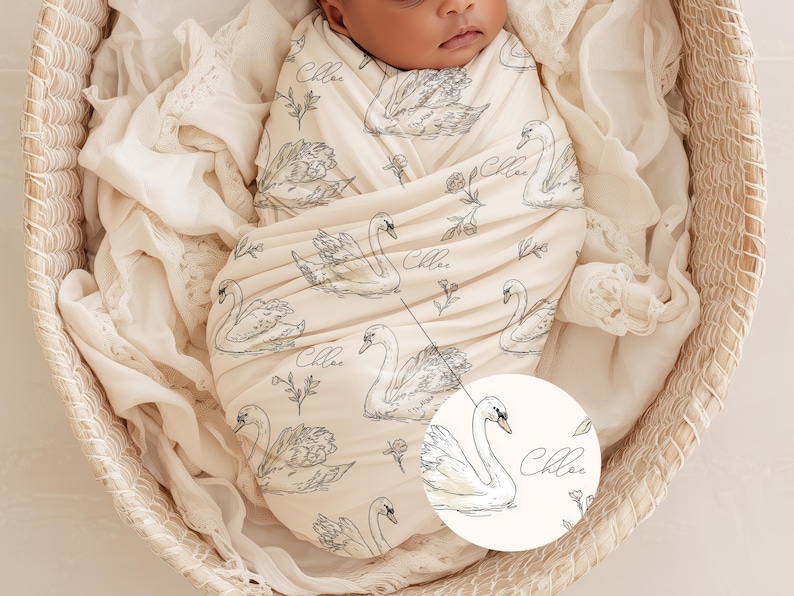Personalized Swan Baby Swaddle Set Name Newborn Girl Hospital Outfit Custom Blanket Beanie Keepsake Shower Gift Heirloom Nursery Decor image 1