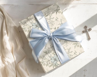 Personalized Christian Floral Wrapping Paper Blue Baptism Gift Wrap Communion Ivory Cross Lily Religious Present Confirmation Packaging
