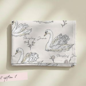 Personalized Swan Baby Swaddle Set Name Newborn Girl Hospital Outfit Custom Blanket Beanie Keepsake Shower Gift Heirloom Nursery Decor Font Option 1