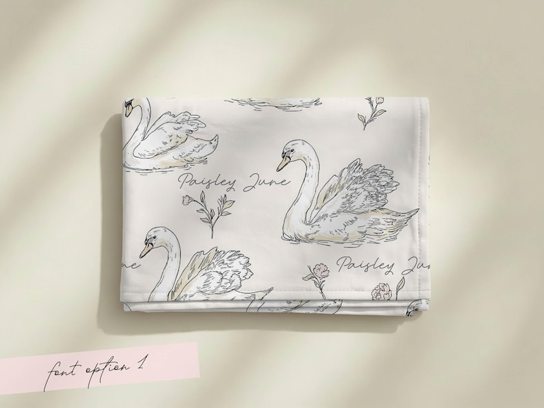Personalized Swan Baby Swaddle Set Name Newborn Girl Hospital Outfit Custom Blanket Beanie Keepsake Shower Gift Heirloom Nursery Decor Font Option 1