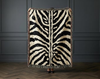 Zebra Print Woven Throw Blanket with Fringe Timeless Animal Print Gift for Her Black Ivory Home Decor Living Room Sofa Blanket