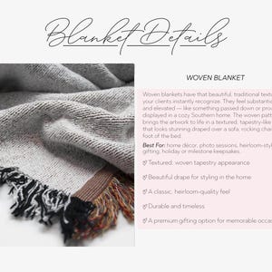 May include: A grey woven blanket with a textured, tapestry-like design and black, brown, and orange fringe. The text "Blanket Details" is at the top of the image.