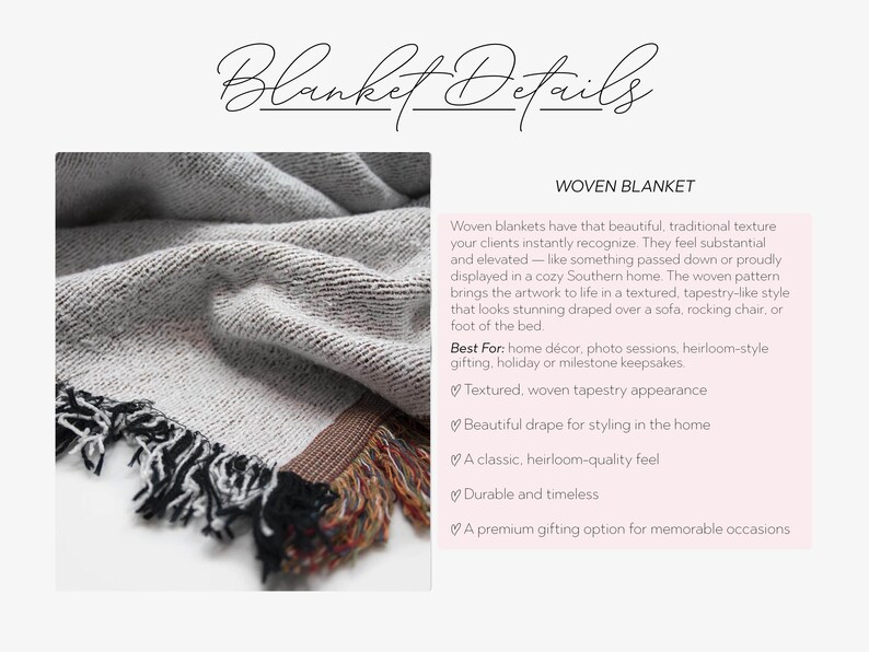 May include: A grey woven blanket with a textured, tapestry-like design and black, brown, and orange fringe. The text "Blanket Details" is at the top of the image.