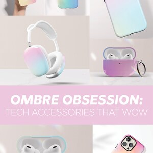 May include: A collection of tech accessories featuring an ombre gradient design in pastel pink, yellow, and blue. The set includes smartphone cases, over-ear headphones, and wireless earbud cases, some personalized with the name Camila in script.