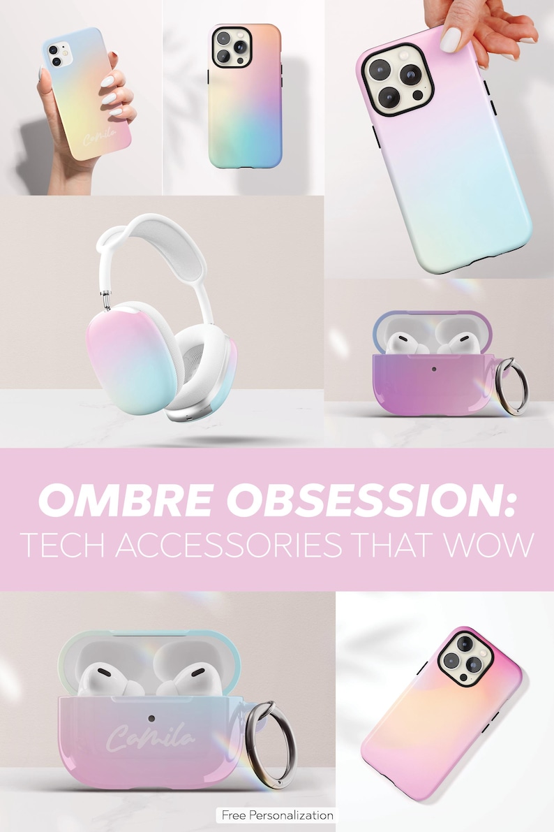May include: A collection of tech accessories featuring an ombre gradient design in pastel pink, yellow, and blue. The set includes smartphone cases, over-ear headphones, and wireless earbud cases, some personalized with the name Camila in script.