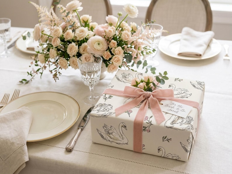 Wedding table setting with floral centerpiece and blush ribbon gift wrapped in swan bridal shower wrapping paper styled as elegant bride present packaging