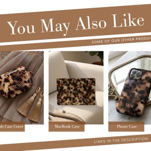 May include: A collection of tech accessories featuring a brown and black tortoiseshell pattern with the monogram M/W. Includes an AirPods case cover, a laptop case, and a phone case, all displayed with text labels and the header You May Also Like.