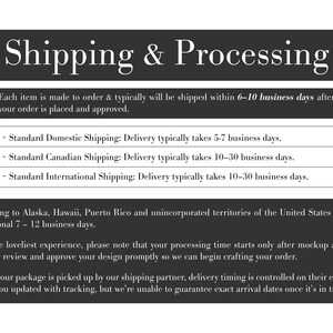 May include: A black and white informational graphic with the header Shipping & Processing. The text outlines business day timeframes for domestic, Canadian, and international shipping, along with notes regarding order approval and tracking updates.