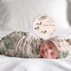 Personalized Duck Swaddle Blanket Mallard Print Custom Name Baby Boy Gift Woodland Nursery Decor Present Southern Mom Newborn Coming Home image 1