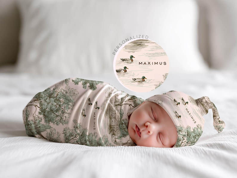 Personalized Duck Swaddle Blanket Mallard Print Custom Name Baby Boy Gift Woodland Nursery Decor Present Southern Mom Newborn Coming Home image 1