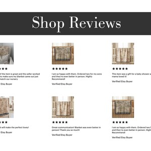 May include: A digital display titled Shop Reviews featuring six customer testimonials for woven blankets. Each review includes a five-star rating, a written comment from a verified Etsy buyer, and a small thumbnail image of a patterned throw blanket.