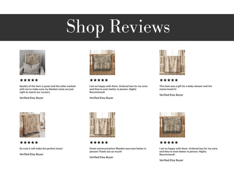 May include: A digital display titled Shop Reviews featuring six customer testimonials for woven blankets. Each review includes a five-star rating, a written comment from a verified Etsy buyer, and a small thumbnail image of a patterned throw blanket.