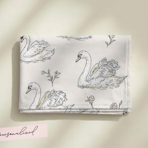 Personalized Swan Baby Swaddle Set Name Newborn Girl Hospital Outfit Custom Blanket Beanie Keepsake Shower Gift Heirloom Nursery Decor No Personalization