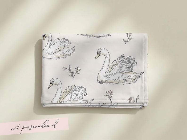 Personalized Swan Baby Swaddle Set Name Newborn Girl Hospital Outfit Custom Blanket Beanie Keepsake Shower Gift Heirloom Nursery Decor No Personalization