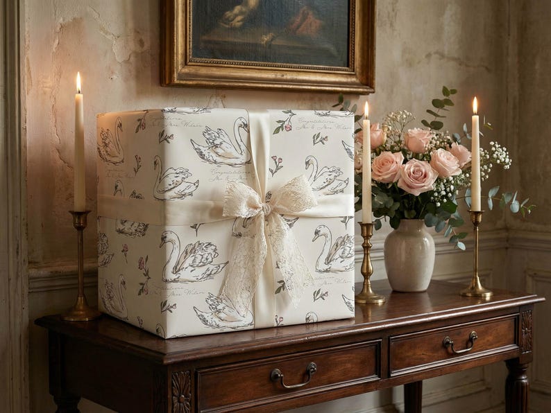 Large gift wrapped in swan wedding wrapping paper displayed on an antique wood table with candles roses and lace ribbon for romantic bridal shower wedding decor inspiration