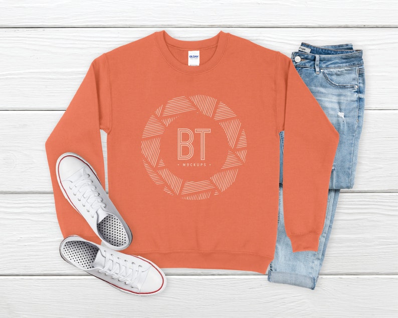 Download Gildan 18000 Mockup Gildan Orange Sweatshirt Mockup Styled ...