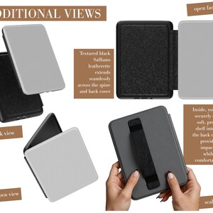 May include: A black e-reader case featuring a textured Saffiano leatherette exterior, a soft TPU interior shell, and an integrated hand strap on the back cover. The case is shown in multiple views including front, back, open, and partially open positions.
