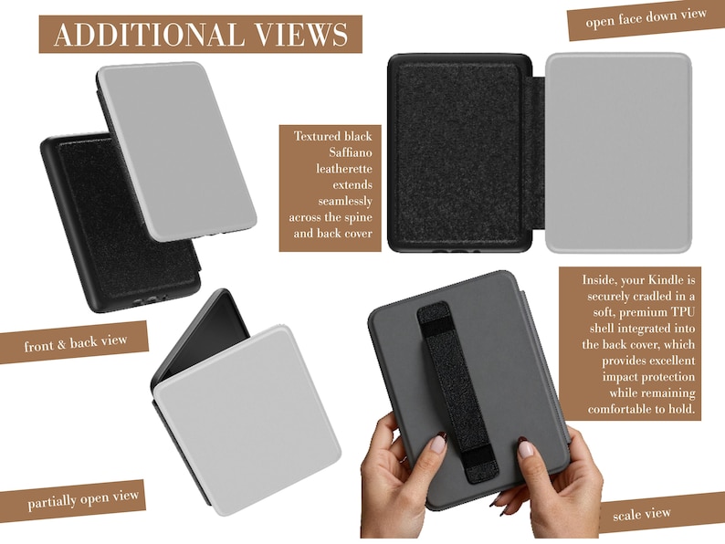 May include: A black e-reader case featuring a textured Saffiano leatherette exterior, a soft TPU interior shell, and an integrated hand strap on the back cover. The case is shown in multiple views including front, back, open, and partially open positions.