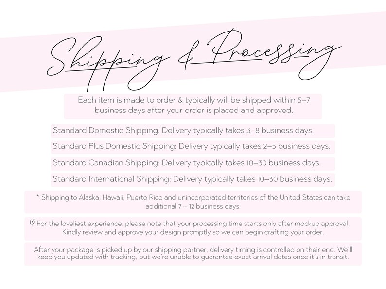 May include: A pink and white graphic with the words "Shipping & Processing" in elegant script. The text details shipping times for domestic, Canadian, and international orders, and notes that items are made to order.