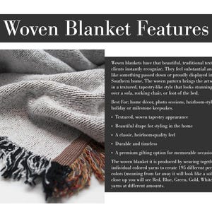 May include: A woven blanket with a textured tapestry appearance featuring a fringe edge. The fabric is composed of red, blue, green, gold, white, and black yarns. The image includes the text Woven Blanket Features and descriptive product details.