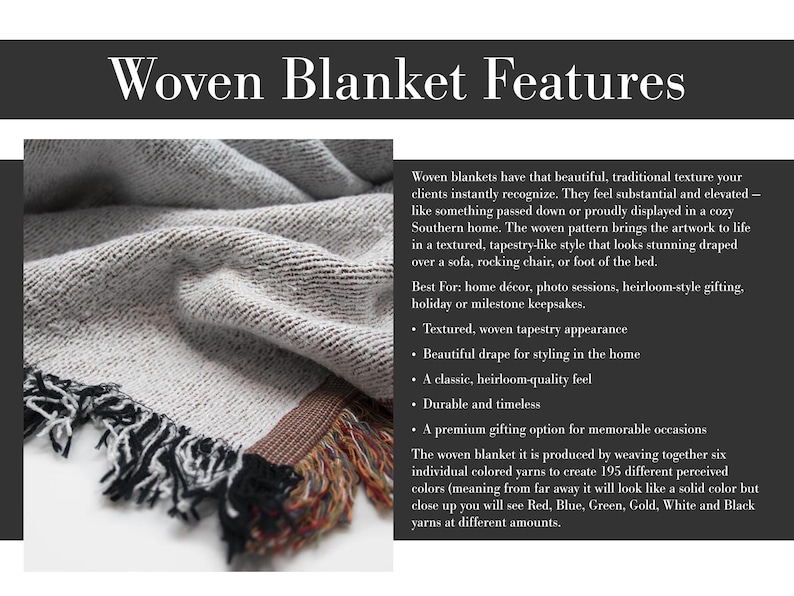May include: A woven blanket with a textured tapestry appearance featuring a fringe edge. The fabric is composed of red, blue, green, gold, white, and black yarns. The image includes the text Woven Blanket Features and descriptive product details.