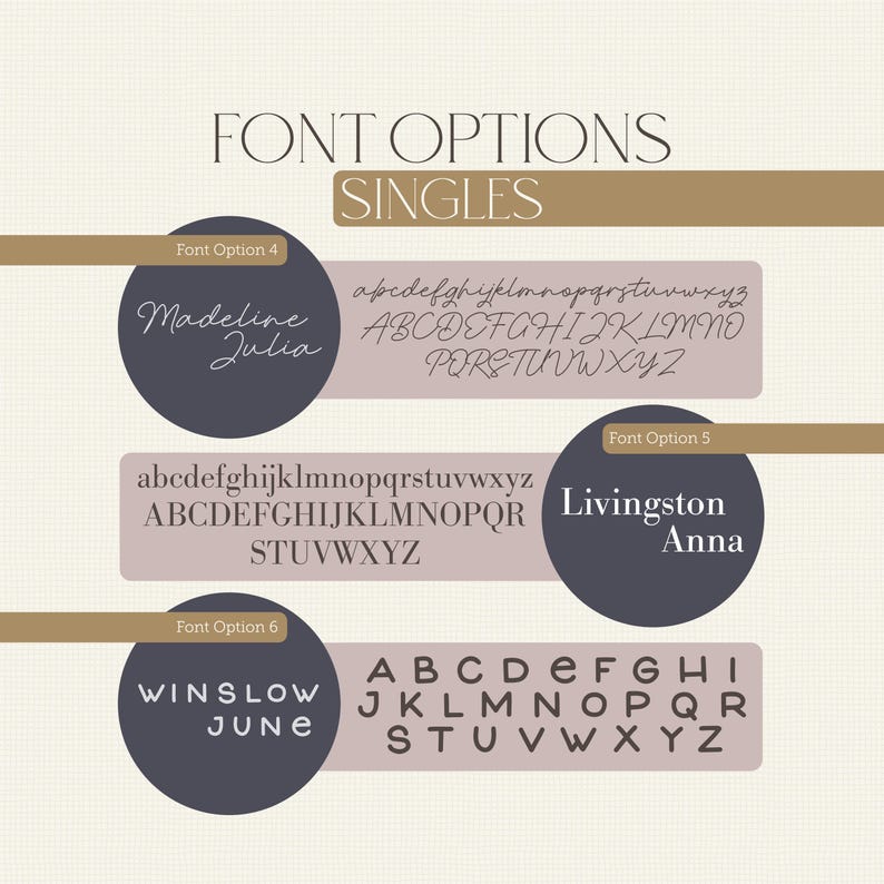 Font options for singles, including Madeline Julia, Livingston Anna, Winslow June, and Livingston.