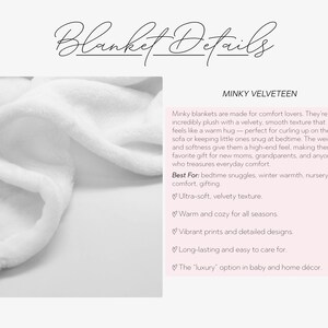 May include: A close-up of a white minky blanket with a velvety texture. The text "Blanket Details" is at the top. The text on the right describes the blanket's features, including its softness and suitability for comfort.