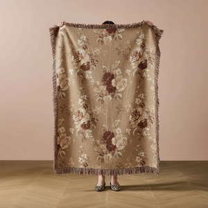 Vintage Rose Print Woven Cotton Throw Blanket Floral Fringe Taupe Beige Living Room Bedroom Timeless Home Decor Gift for Mom Brown Flowers