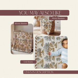 The image is a collage of three different items: a woven blanket, a basket, and a baby's crib sheet. The collage includes images of these items, along with text descriptions of each item.