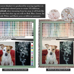 May include: A woven blanket featuring a color palette grid, the text 150 PT ABCDEFGHIJKLMNOPQRSTUVWXZY, and a photographic print of a dog and smoke. The blanket is constructed from red, blue, green, tan, gold, white, and black yarns.
