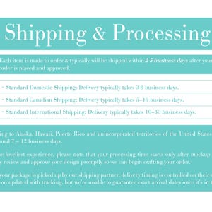 May include: A teal informational graphic with white text titled Shipping & Processing. It outlines order fulfillment timelines, domestic, Canadian, and international shipping estimates, and notes regarding delivery to specific U.S. territories.