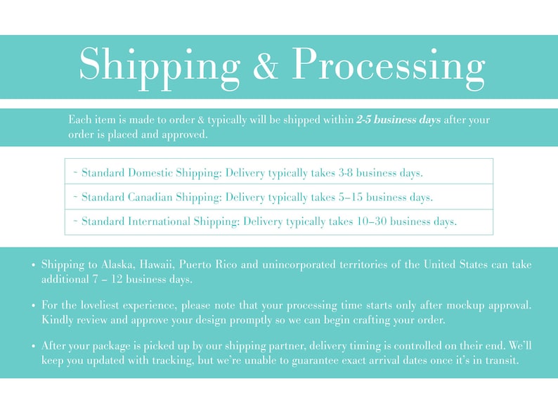 May include: A teal informational graphic with white text titled Shipping & Processing. It outlines order fulfillment timelines, domestic, Canadian, and international shipping estimates, and notes regarding delivery to specific U.S. territories.