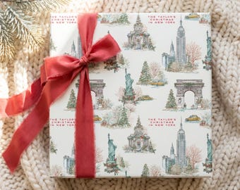 Papel de regalo personalizado de Navidad con el horizonte de la ciudad de Nueva York. Envoltura de regalo personalizada con diseño navideño. Tema de Manhattan. Monumento de Nueva York. Empire State.