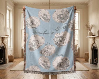 Personalized Mothers Day Gift For Grandma Coastal Oyster Pearl Heirloom Woven Throw Blanket Custom Names Lakeside Cottage Living Room Decor