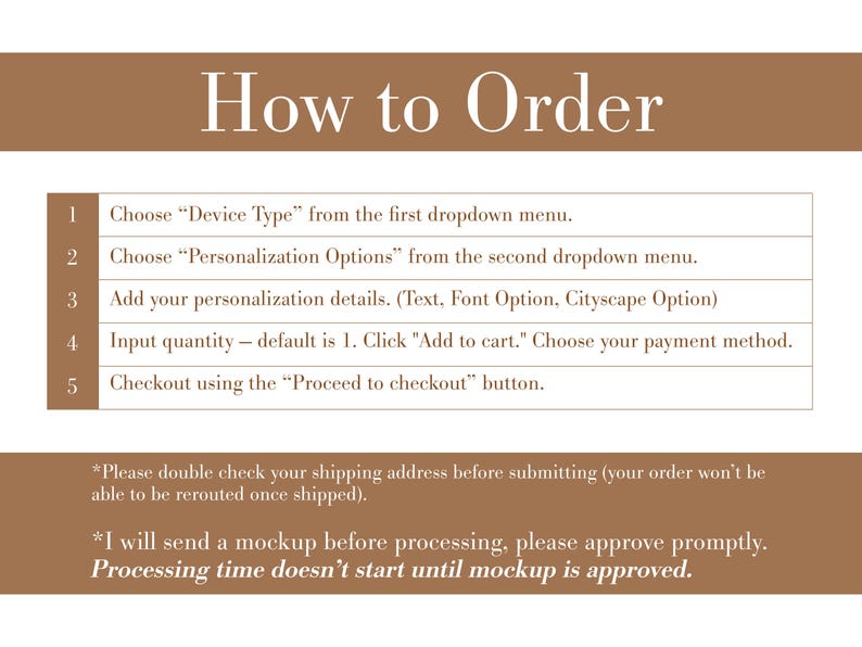 May include: An instructional graphic with a brown header reading How to Order, followed by a numbered list of five steps for selecting device types, personalisation options, and checkout procedures, plus notes on shipping addresses and mockups.