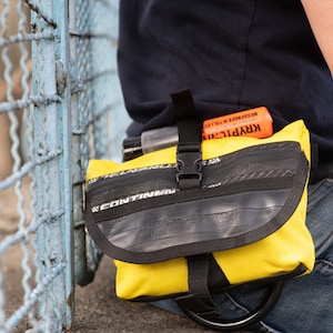 VEGAN HIP BAG, U lock holster, waterproof belt pack made of yellow cordura with recycled tire and tube