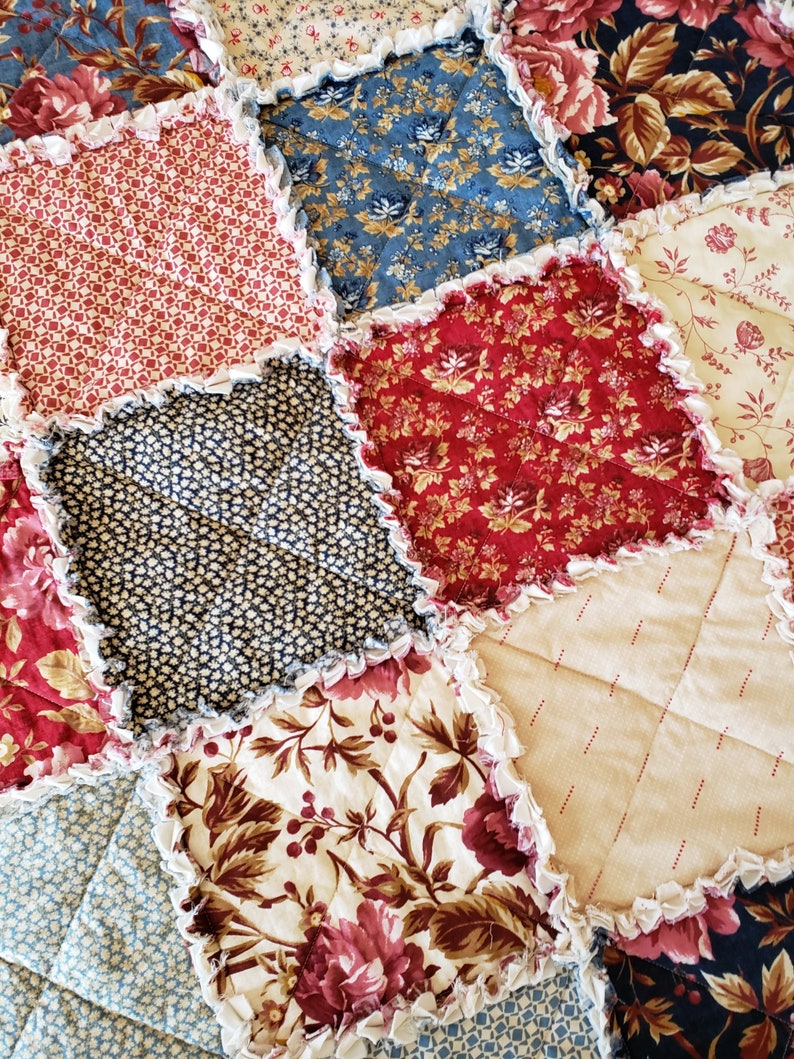 Rustic Reds Heritage Home Large Rag Quilt Throw and Neutral Tones Antique Blues