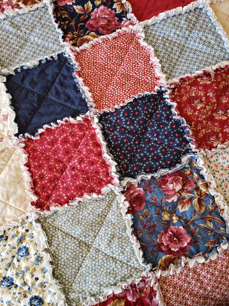 Rustic Reds Heritage Home Large Rag Quilt Throw and Neutral Tones Antique Blues