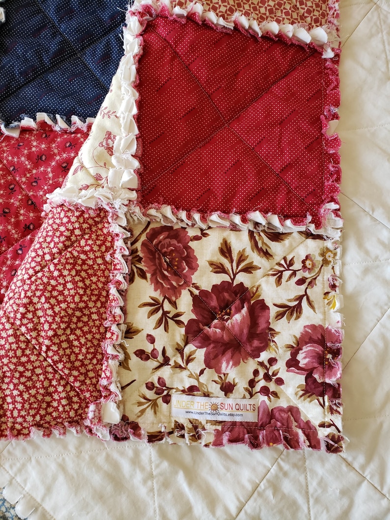 Rustic Reds Heritage Home Large Rag Quilt Throw and Neutral Tones Antique Blues