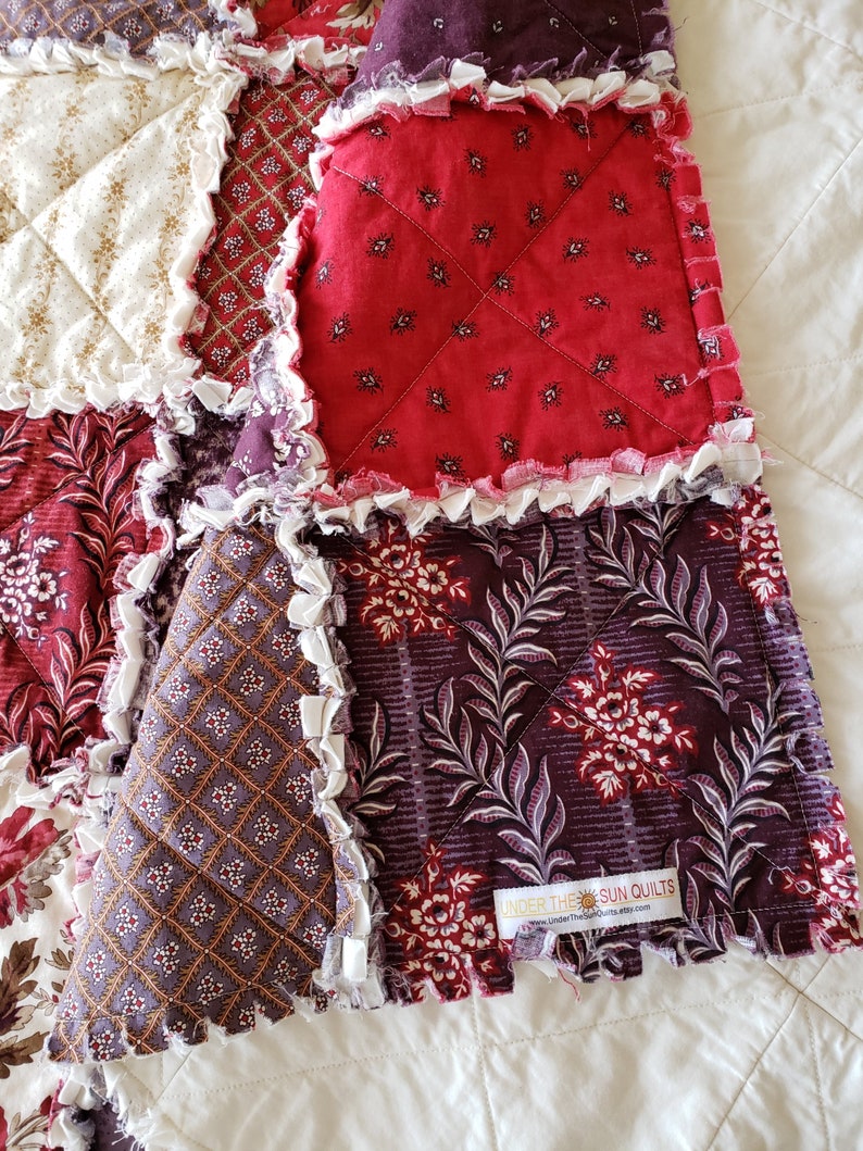 Burgundy Taupe Jardin Rustique Large Rag Quilt Throw Red Brown Purple Cream