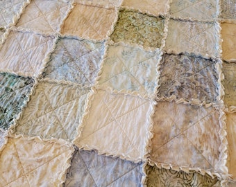 Morning Mist Batik Large Rag Quilt Throw - soft yellow, beige, tan, pink, green, blue, and gray