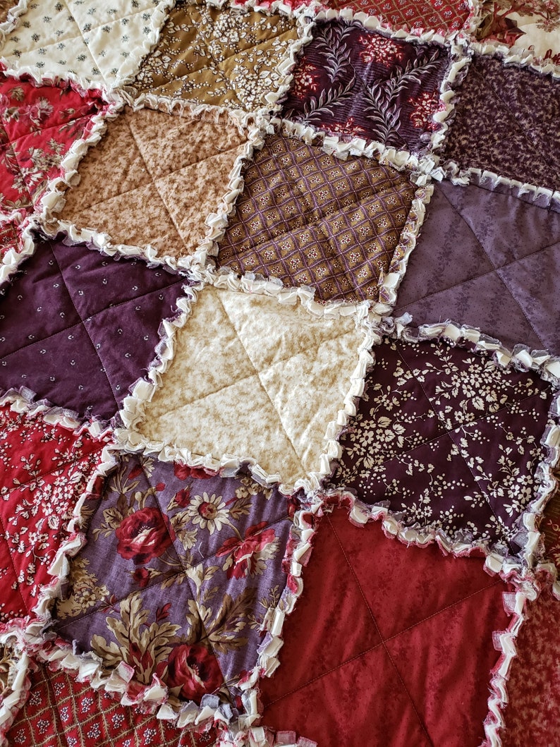 Burgundy Taupe Jardin Rustique Large Rag Quilt Throw Red Brown Purple Cream