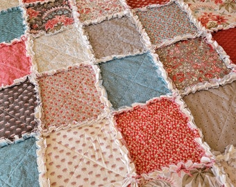 Tradewinds Large Rag Quilt Throw - red, coral, aquamarine, cream, and taupe