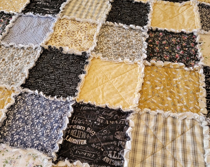 Modern Farmhouse Patchwork Large Rag Quilt Throw - Wheat, Tan, Navy ...