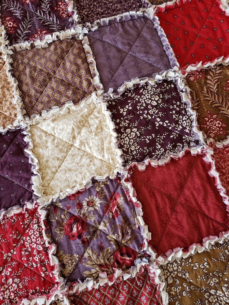 Burgundy Taupe Jardin Rustique Large Rag Quilt Throw Red Brown Purple Cream