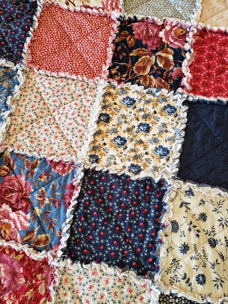 Rustic Reds Heritage Home Large Rag Quilt Throw and Neutral Tones Antique Blues