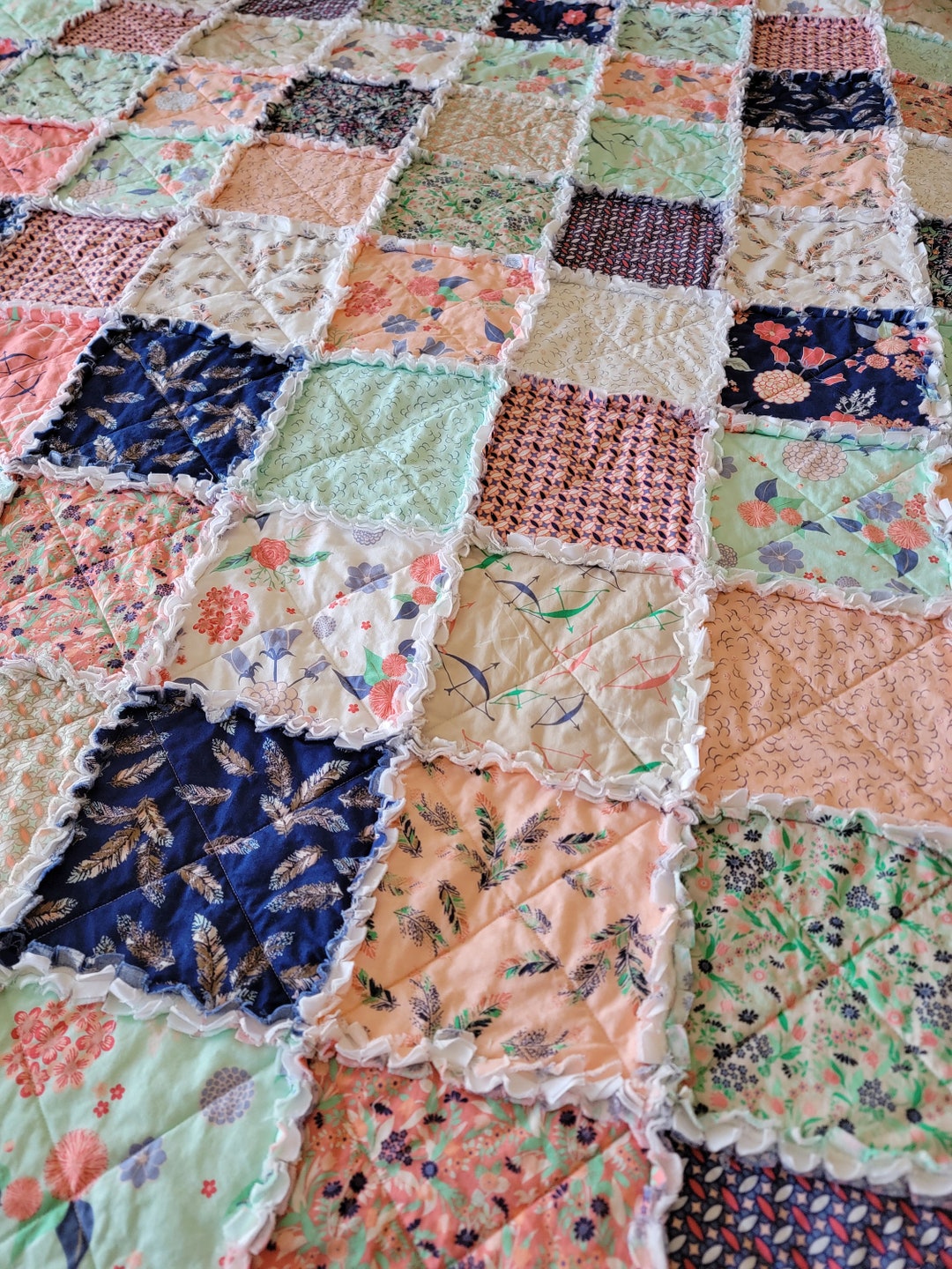 Pink Rag Quilts Wanderlust Large Rag Quilt Throw Pink, Coral, Mint, Blue, Navy, and ...
