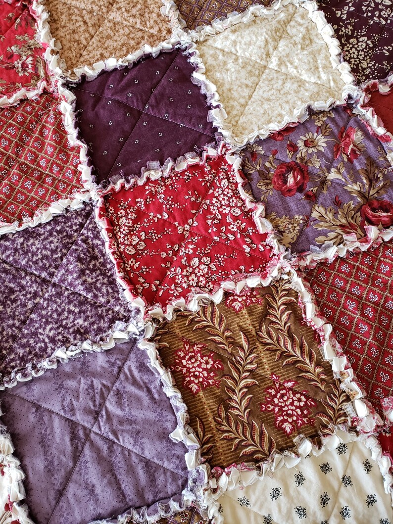 Burgundy Taupe Jardin Rustique Large Rag Quilt Throw Red Brown Purple Cream
