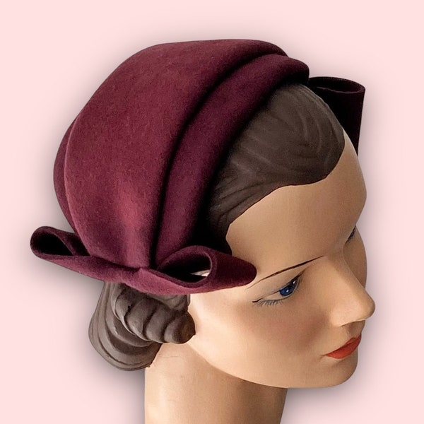 Demi-chapeau Betty en feutre de laine, rouge bordeaux, style années 50